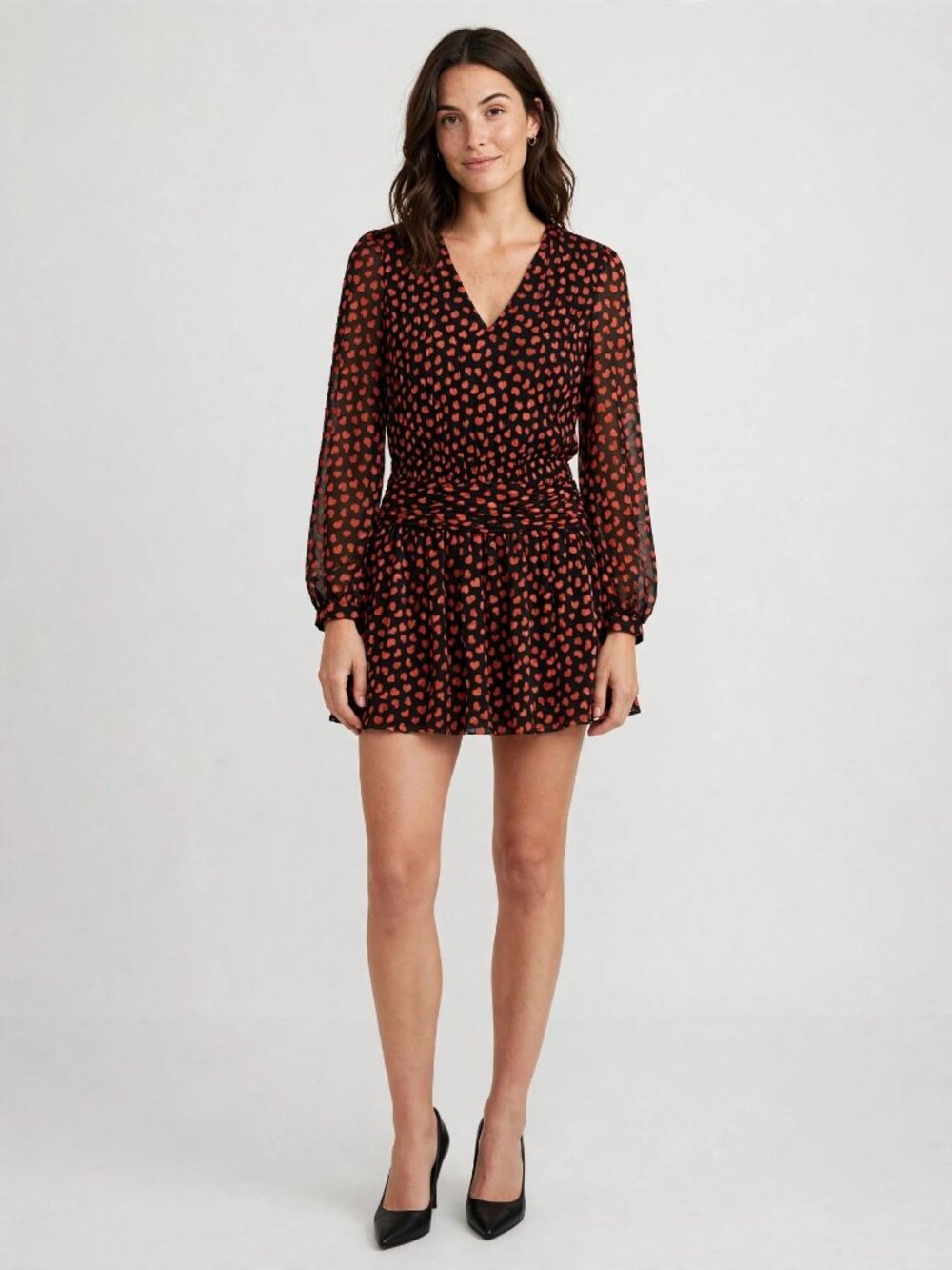 ALICE + OLIVIA Heart Print Mini Dress | Black Red V-Neck | Women 8